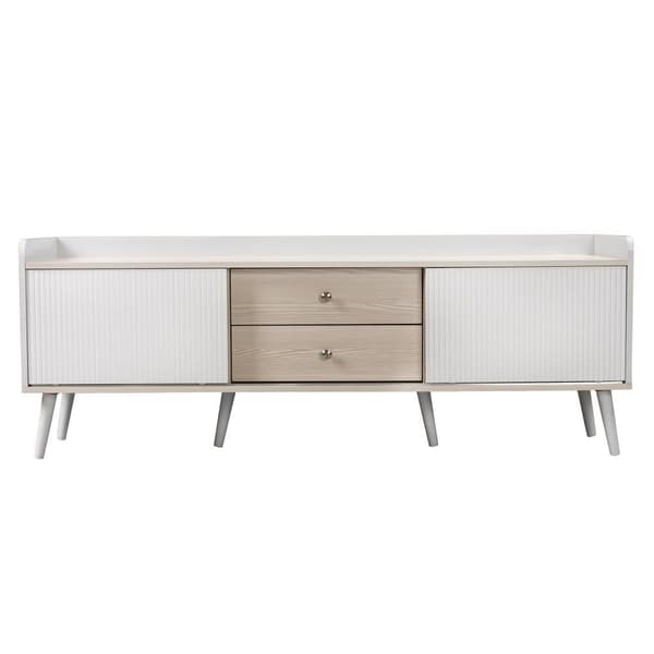 TV-bord med 2 skuffer og skydelåger – TV-bord i hvidt og naturligt træ, lav model 160x40x58 cm, moderne med stilfuld træstruktur