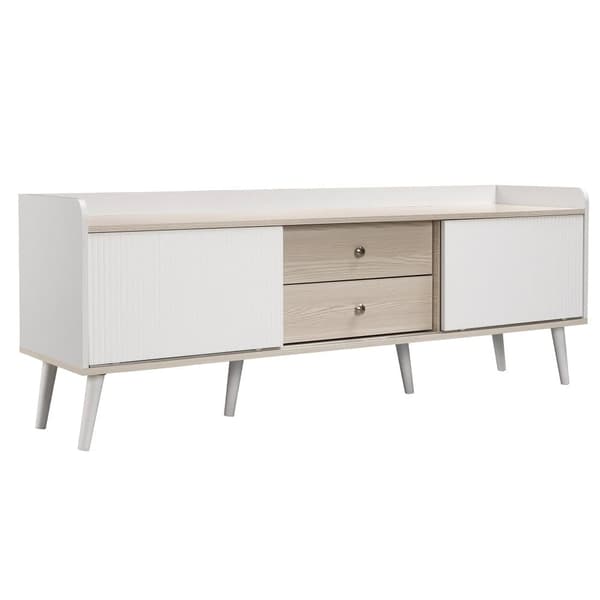 TV-bord med 2 skuffer og skydelåger – TV-bord i hvidt og naturligt træ, lav model 160x40x58 cm, moderne med stilfuld træstruktur