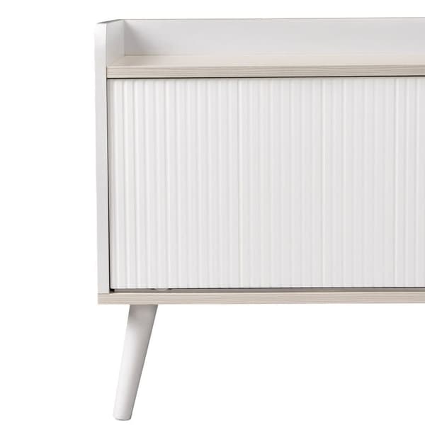 TV-bord med 2 skuffer og skydelåger – TV-bord i hvidt og naturligt træ, lav model 160x40x58 cm, moderne med stilfuld træstruktur