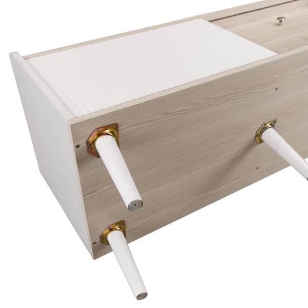TV-bord med 2 skuffer og skydelåger – TV-bord i hvidt og naturligt træ, lav model 160x40x58 cm, moderne med stilfuld træstruktur