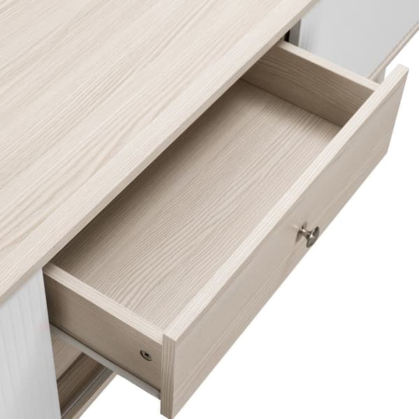 TV-bord med 2 skuffer og skydelåger – TV-bord i hvidt og naturligt træ, lav model 160x40x58 cm, moderne med stilfuld træstruktur