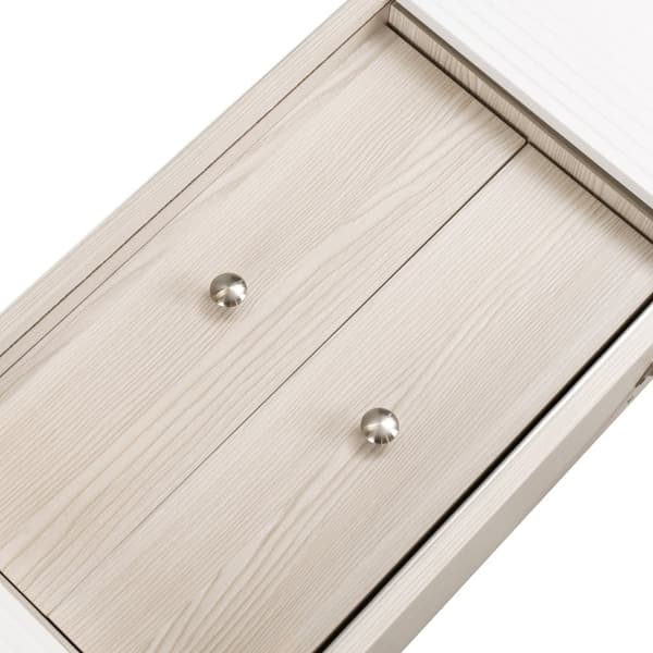 TV-bord med 2 skuffer og skydelåger – TV-bord i hvidt og naturligt træ, lav model 160x40x58 cm, moderne med stilfuld træstruktur