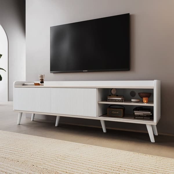 TV-bord med 2 skuffer og skydelåger – TV-bord i hvidt og naturligt træ, lav model 160x40x58 cm, moderne med stilfuld træstruktur