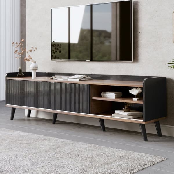 TV-bänk 160 cm i svart och trä, låg TV-möbel med 2 skjutdörrar & 2 lådor, med ribbad front – modern TV-bänk i trälook, 58 cm hög för vardagsrum