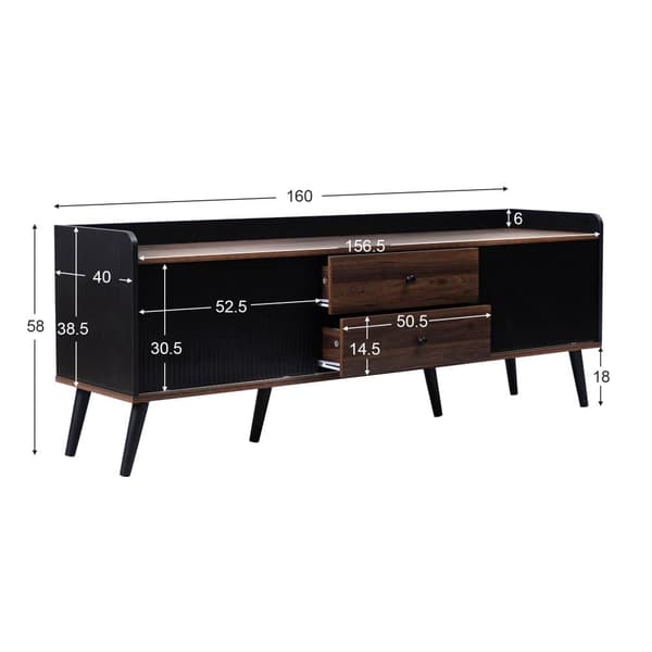 TV-bänk 160 cm i svart och trä, låg TV-möbel med 2 skjutdörrar & 2 lådor, med ribbad front – modern TV-bänk i trälook, 58 cm hög för vardagsrum