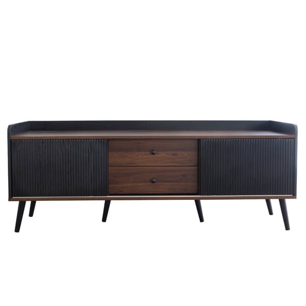 TV-bänk 160 cm i svart och trä, låg TV-möbel med 2 skjutdörrar & 2 lådor, med ribbad front – modern TV-bänk i trälook, 58 cm hög för vardagsrum