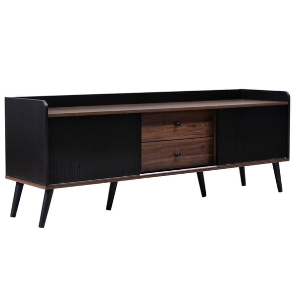 TV-bänk 160 cm i svart och trä, låg TV-möbel med 2 skjutdörrar & 2 lådor, med ribbad front – modern TV-bänk i trälook, 58 cm hög för vardagsrum
