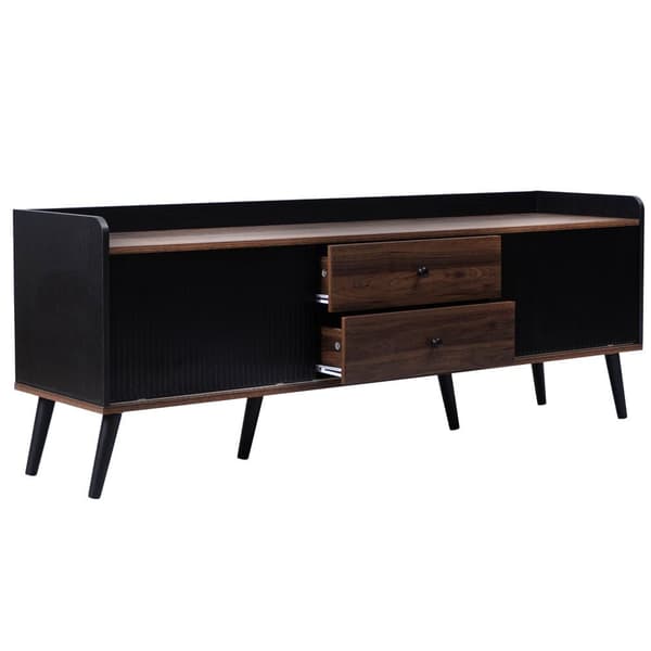 TV-bänk 160 cm i svart och trä, låg TV-möbel med 2 skjutdörrar & 2 lådor, med ribbad front – modern TV-bänk i trälook, 58 cm hög för vardagsrum