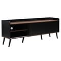 Miniatyrbild 8 av 11: TV-bänk 160 cm i svart och trä, låg TV-möbel med 2 skjutdörrar & 2 lådor, med ribbad front – modern TV-bänk i trälook, 58 cm hög för vardagsrum
