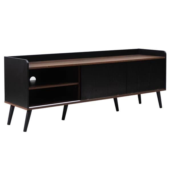 TV-bänk 160 cm i svart och trä, låg TV-möbel med 2 skjutdörrar & 2 lådor, med ribbad front – modern TV-bänk i trälook, 58 cm hög för vardagsrum