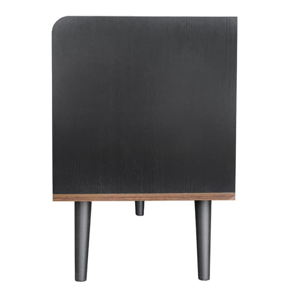 TV-bänk 160 cm i svart och trä, låg TV-möbel med 2 skjutdörrar & 2 lådor, med ribbad front – modern TV-bänk i trälook, 58 cm hög för vardagsrum