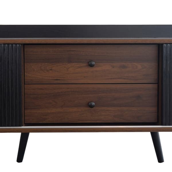 TV-bänk 160 cm i svart och trä, låg TV-möbel med 2 skjutdörrar & 2 lådor, med ribbad front – modern TV-bänk i trälook, 58 cm hög för vardagsrum