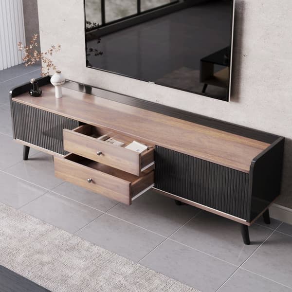 TV-bänk 160 cm i svart och trä, låg TV-möbel med 2 skjutdörrar & 2 lådor, med ribbad front – modern TV-bänk i trälook, 58 cm hög för vardagsrum