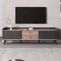Miniatyrbild 1 av 11: TV-bänk 160 cm i svart och trä, låg TV-möbel med 2 skjutdörrar & 2 lådor, med ribbad front – modern TV-bänk i trälook, 58 cm hög för vardagsrum
