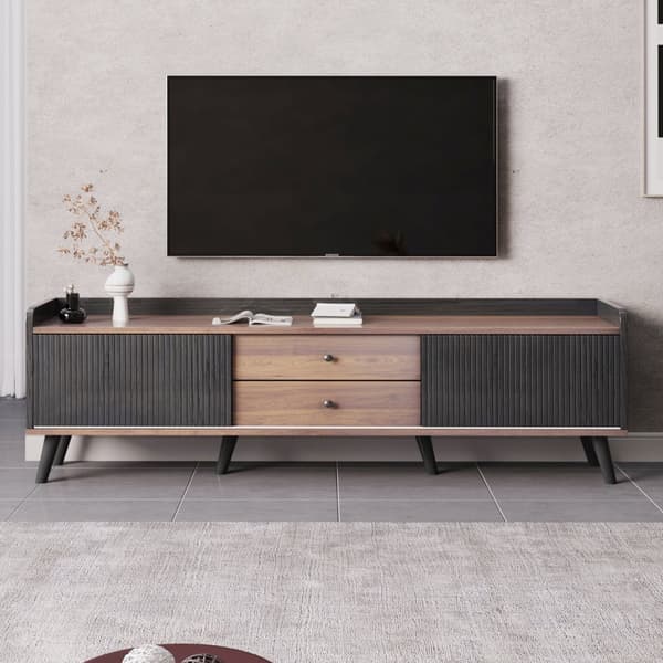 TV-bänk 160 cm i svart och trä, låg TV-möbel med 2 skjutdörrar & 2 lådor, med ribbad front – modern TV-bänk i trälook, 58 cm hög för vardagsrum