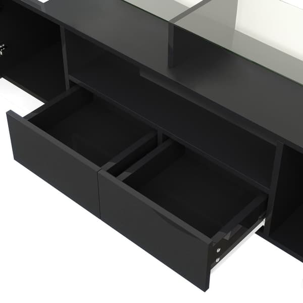 Moderni TV-taso 200 cm – Valkoinen ja musta korkeakiiltoinen viimeistely LED-valaistuksella, lasilevy – Tyylikäs matala kaappi olohuoneeseen