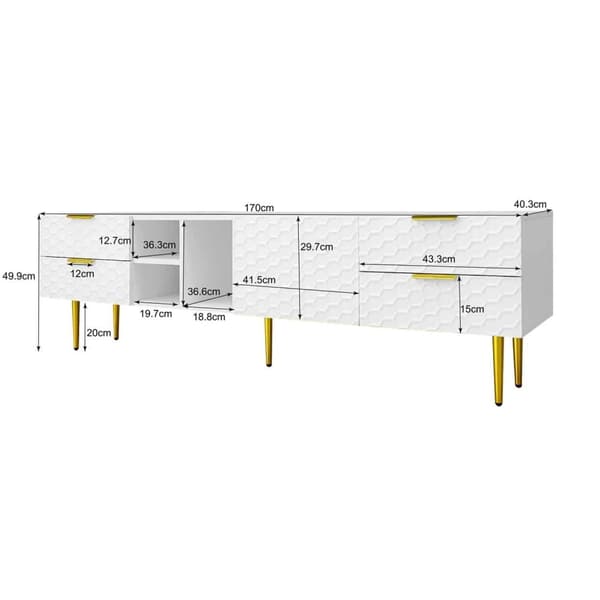 TV-bänk med strukturerade dörrar och lådor – TV-möbel med öppna hyllor, gyllene handtag och ben, modern låg TV-bänk i elegant design