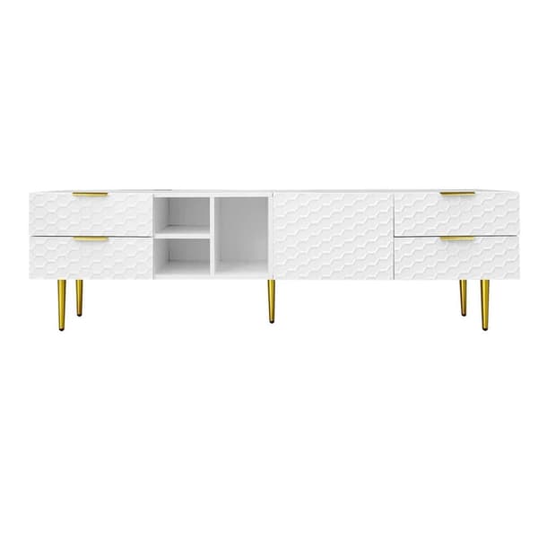TV-bänk med strukturerade dörrar och lådor – TV-möbel med öppna hyllor, gyllene handtag och ben, modern låg TV-bänk i elegant design