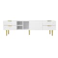 Miniatyrbild 5 av 11: TV-bänk med strukturerade dörrar och lådor – TV-möbel med öppna hyllor, gyllene handtag och ben, modern låg TV-bänk i elegant design