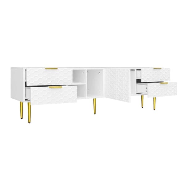 TV-bänk med strukturerade dörrar och lådor – TV-möbel med öppna hyllor, gyllene handtag och ben, modern låg TV-bänk i elegant design