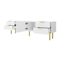 Miniatyrbild 7 av 11: TV-bänk med strukturerade dörrar och lådor – TV-möbel med öppna hyllor, gyllene handtag och ben, modern låg TV-bänk i elegant design
