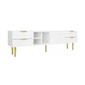 Miniatyrbild 8 av 11: TV-bänk med strukturerade dörrar och lådor – TV-möbel med öppna hyllor, gyllene handtag och ben, modern låg TV-bänk i elegant design