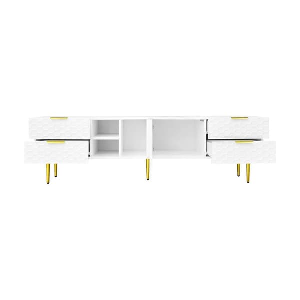 TV-bänk med strukturerade dörrar och lådor – TV-möbel med öppna hyllor, gyllene handtag och ben, modern låg TV-bänk i elegant design