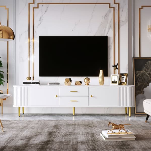 TV-bänk med lådor och rundade hörn – elegant TV-möbel med vågformade sidor, guldfärgade handtag och ben, vit TV-bänk för vardagsrum