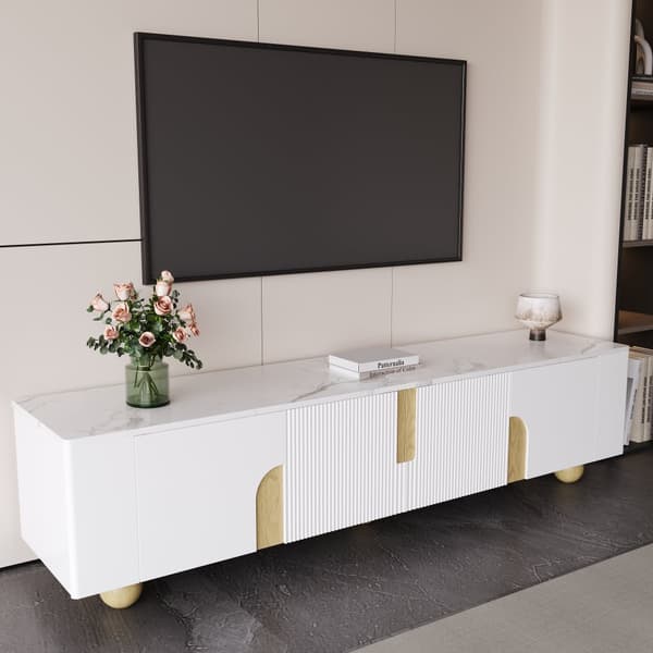 TV-bänk 180 cm i vitt med marmordesign – 4 dörrar, elegant stil, runda träben