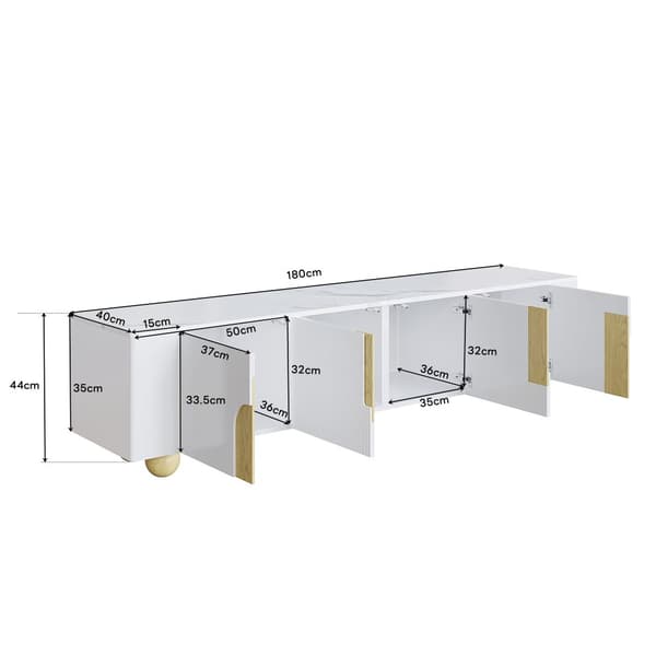 TV-bänk 180 cm i vitt med marmordesign – 4 dörrar, elegant stil, runda träben
