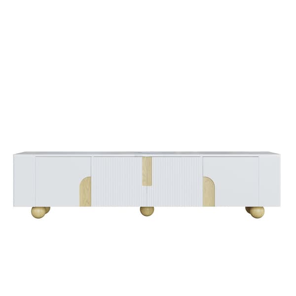 TV-bänk 180 cm i vitt med marmordesign – 4 dörrar, elegant stil, runda träben