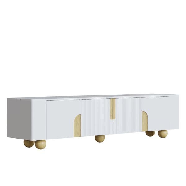 TV-bänk 180 cm i vitt med marmordesign – 4 dörrar, elegant stil, runda träben