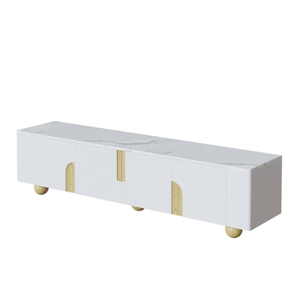 TV-bänk 180 cm i vitt med marmordesign – 4 dörrar, elegant stil, runda träben