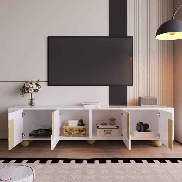 TV-bänk 180 cm i vitt med marmordesign – 4 dörrar, elegant stil, runda träben