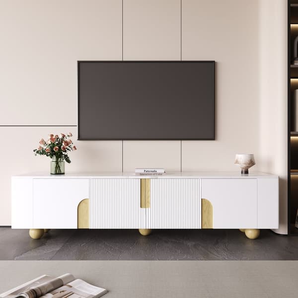 TV-bänk 180 cm i vitt med marmordesign – 4 dörrar, elegant stil, runda träben