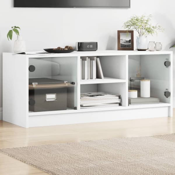 Tv-bänk med glasdörrar vit 102x37x42 cm