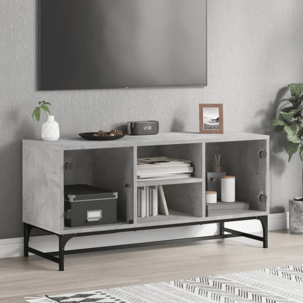 Tv-bänk med glasdörrar betonggrå 102x37x50 cm