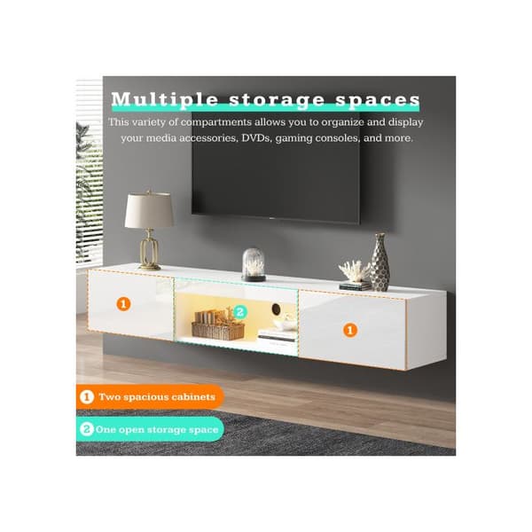 160*31*22cm Vit väggmonterad möbel för TV 70”, belastningskapacitet 30kg, med LED-belysning