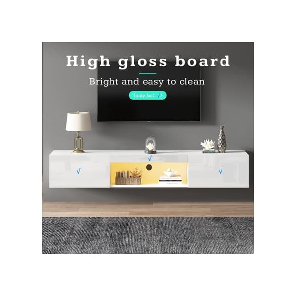 160*31*22cm Vit väggmonterad möbel för TV 70”, belastningskapacitet 30kg, med LED-belysning
