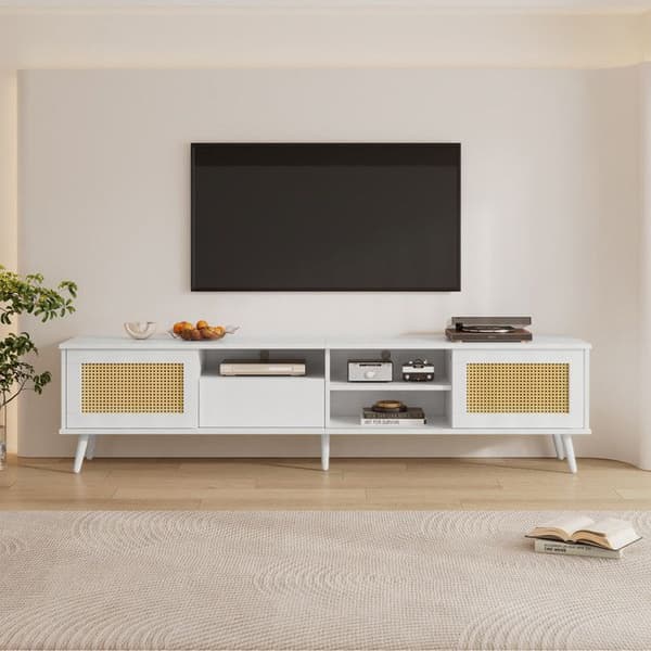 TV-möbel i vitt rotting, mått 200x40x49 cm, 1 låda och 3 öppna fack, lastkapacitet 50 kg.