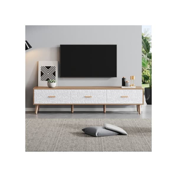 TV-möbel och TV-bord i trä - Vardagsrum Sovrum, ljus träfärg, texturerade vita dörrpaneler i vintage-stil. 150*35*39 cm