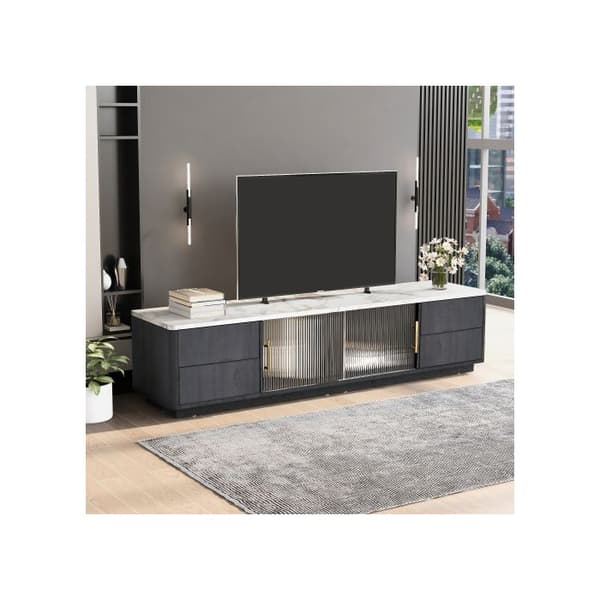 Luxe TV-möbel 160 cm för TV 70" - grå, marmorplatta, kabelhantering, låda med push-to-open-funktion