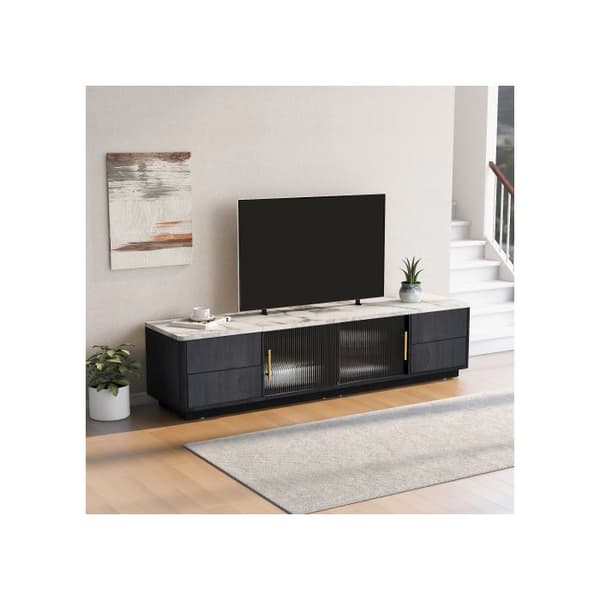 Luxe TV-möbel 160 cm för TV 70" - grå, marmorplatta, kabelhantering, låda med push-to-open-funktion