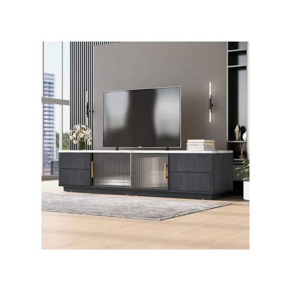 Luxe TV-möbel 160 cm för TV 70" - grå, marmorplatta, kabelhantering, låda med push-to-open-funktion