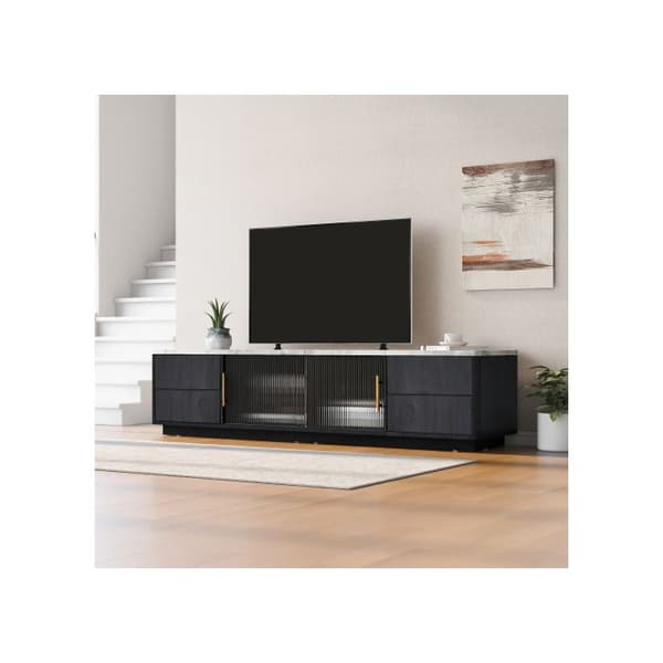 Luxe TV-möbel 160 cm för TV 70" - grå, marmorplatta, kabelhantering, låda med push-to-open-funktion