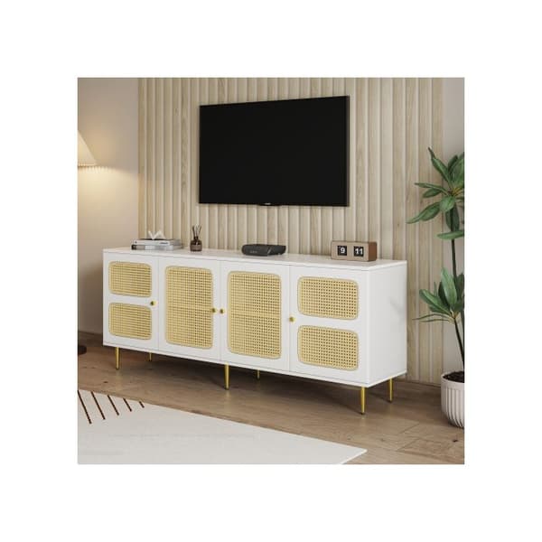 Elegant TV-möbel i vitt rotting 180x40x72 cm - med 4 dörrar i rotting, justerbara hyllor och kabelgenomgång.