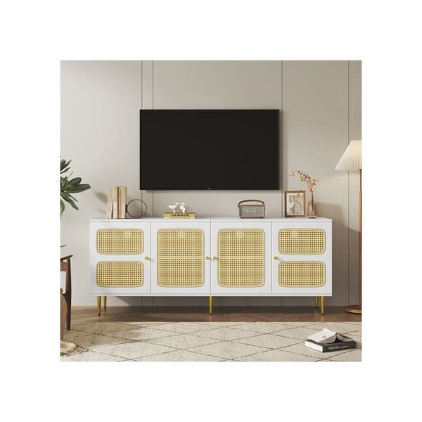 Elegant TV-möbel i vitt rotting 180x40x72 cm - med 4 dörrar i rotting, justerbara hyllor och kabelgenomgång.