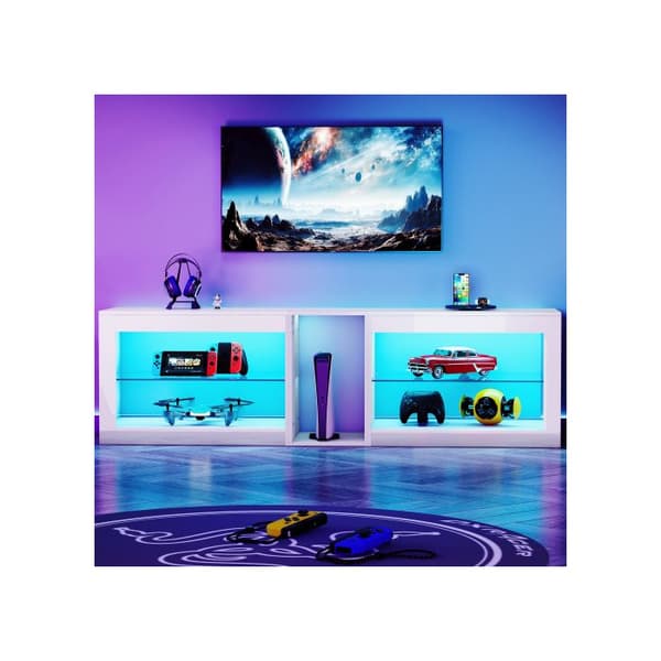 Modern vitenskapelig TV-møbel, 140 x 35 x 46 cm, med LED-belysning og to glasshyller