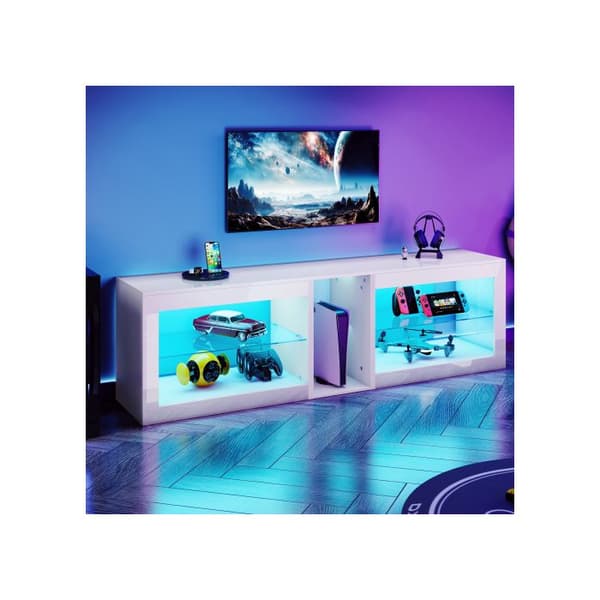 Modern vitenskapelig TV-møbel, 140 x 35 x 46 cm, med LED-belysning og to glasshyller