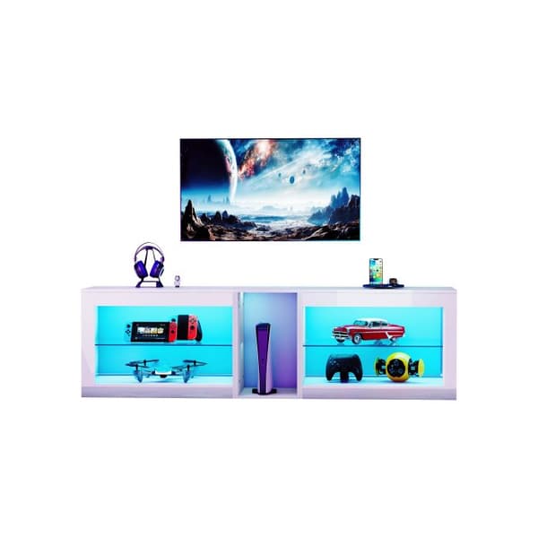 Modern vitenskapelig TV-møbel, 140 x 35 x 46 cm, med LED-belysning og to glasshyller